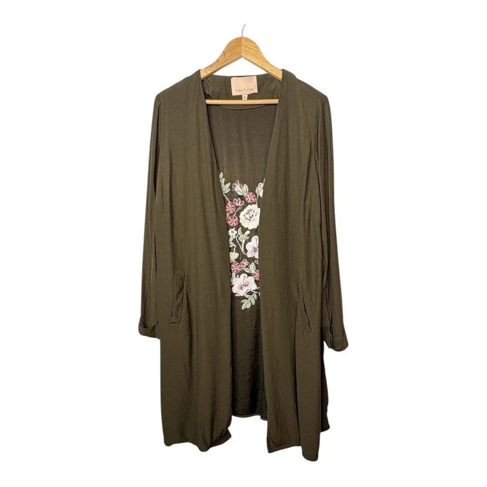 Gibson Latimer Duster Cardigan Womens 1X Olive Green Floral Embroidered Long‎